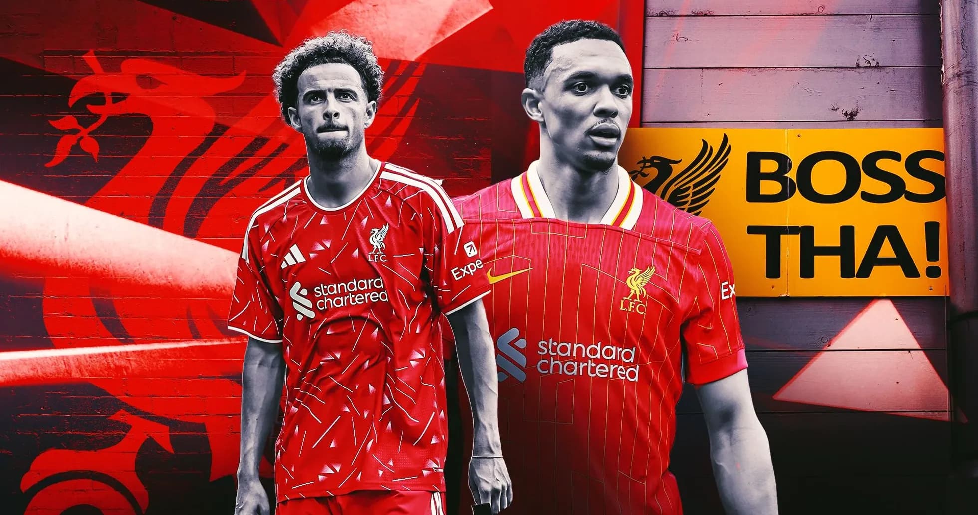 Ikkita futbolchi Liverpool formasi bilan, fon qizil Ikkita futbolchi Liverpool formasi bilan, fon qizil