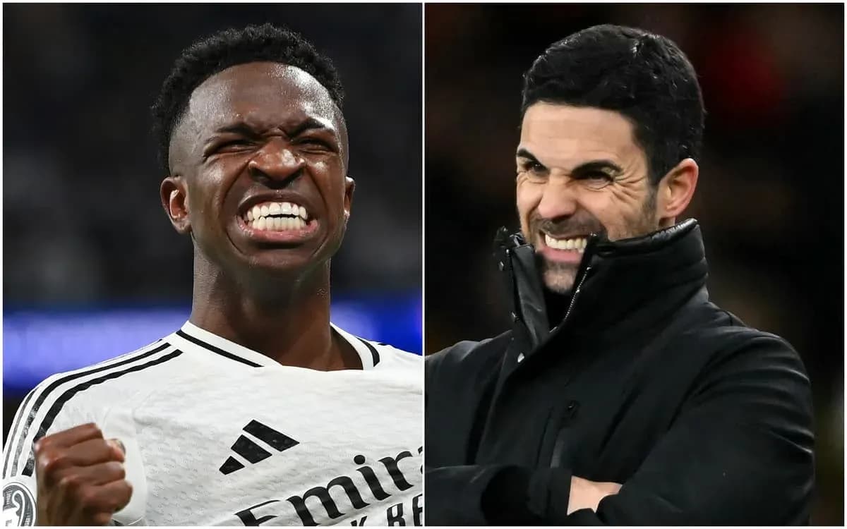 Vinicius Jr. celebrating; Mikel Arteta reacting Vinicius Jr. celebrating; Mikel Arteta reacting
