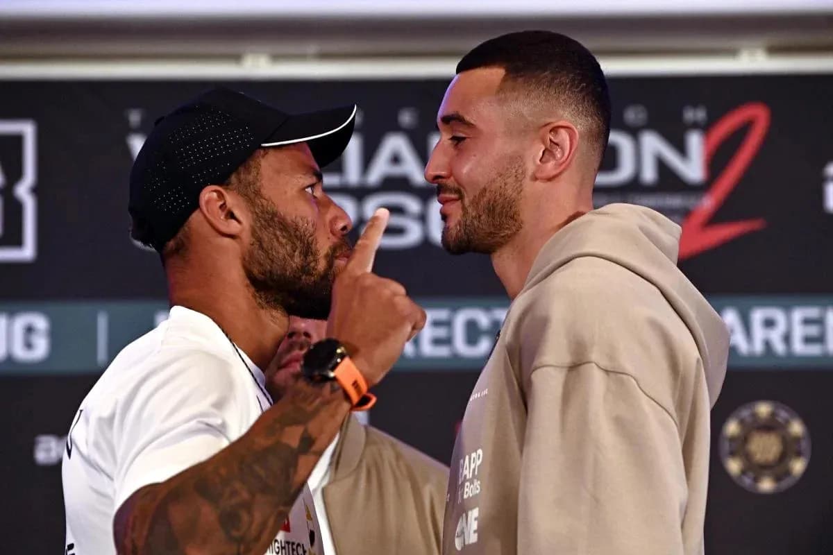 Two boxers face-off at pre-fight press event Two boxers face-off at pre-fight press event