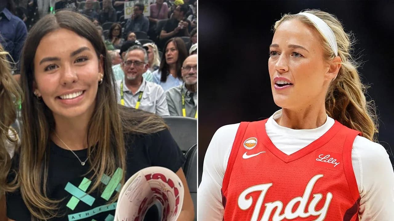Two women, one smiling and another in basketball uniform Two women, one smiling and another in basketball uniform