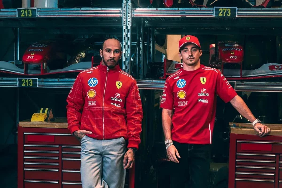Lewis Hamilton and Charles Leclerc in Ferrari gear Lewis Hamilton and Charles Leclerc in Ferrari gear