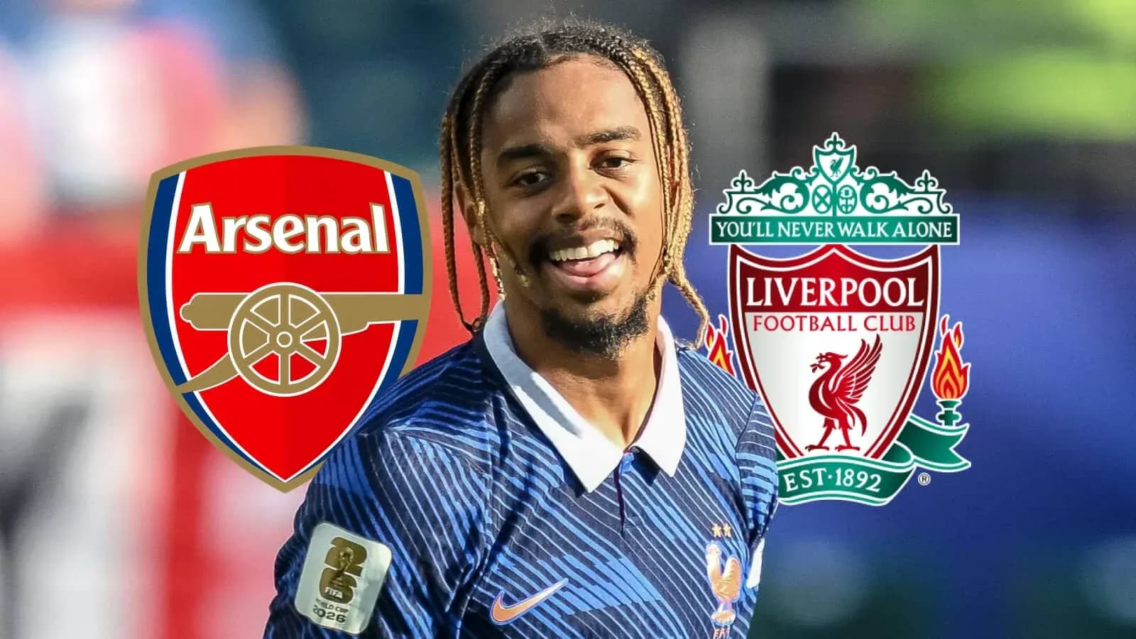 Futbolchi Arsenal va Liverpool logotiplari bilan Futbolchi Arsenal va Liverpool logotiplari bilan