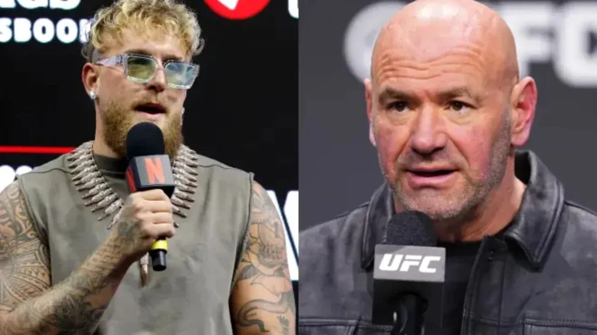 Jake Paul and Dana White speaking at press event Jake Paul and Dana White speaking at press event