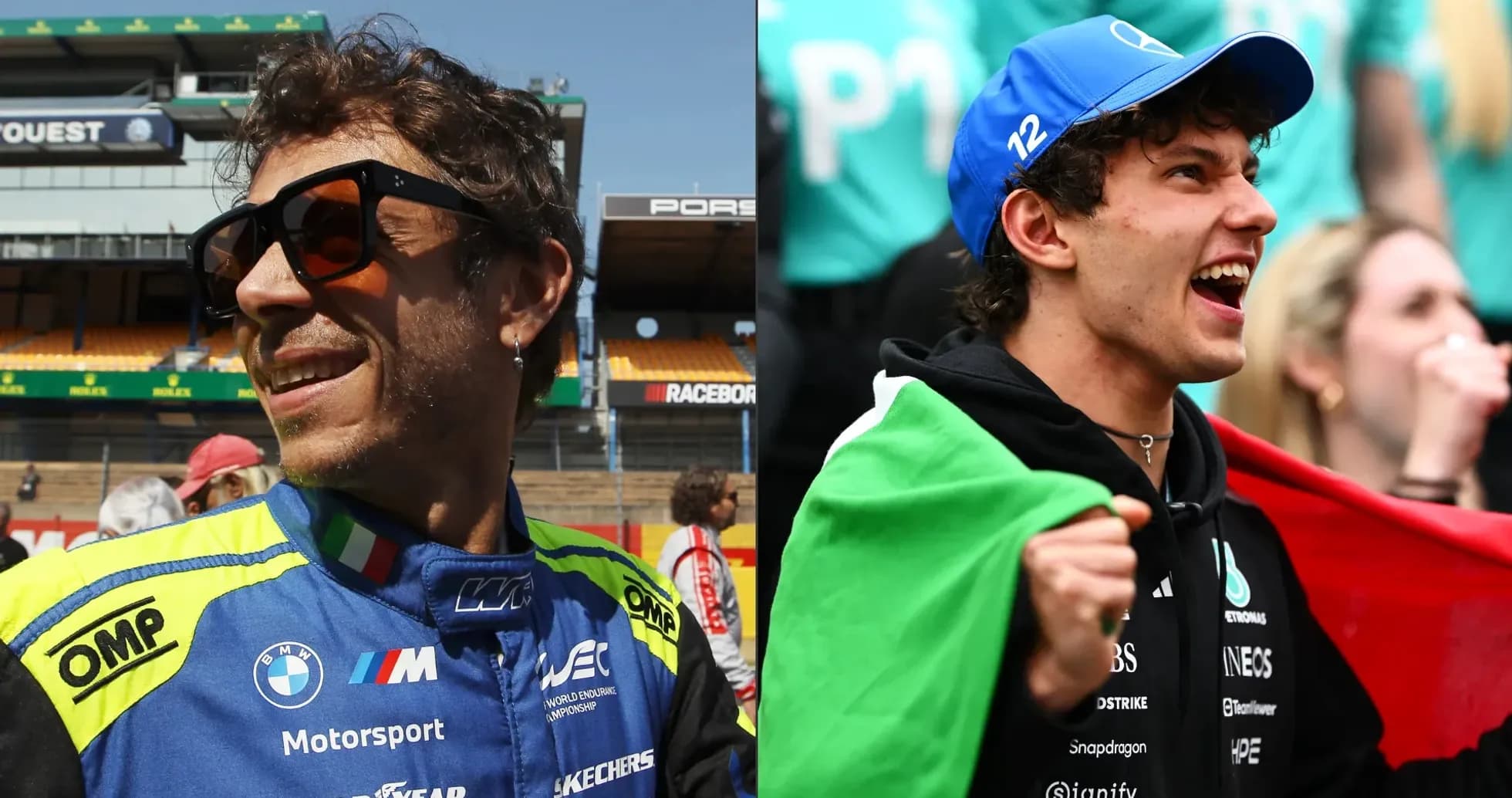 Two racing fans celebrating at a motorsport event Two racing fans celebrating at a motorsport event