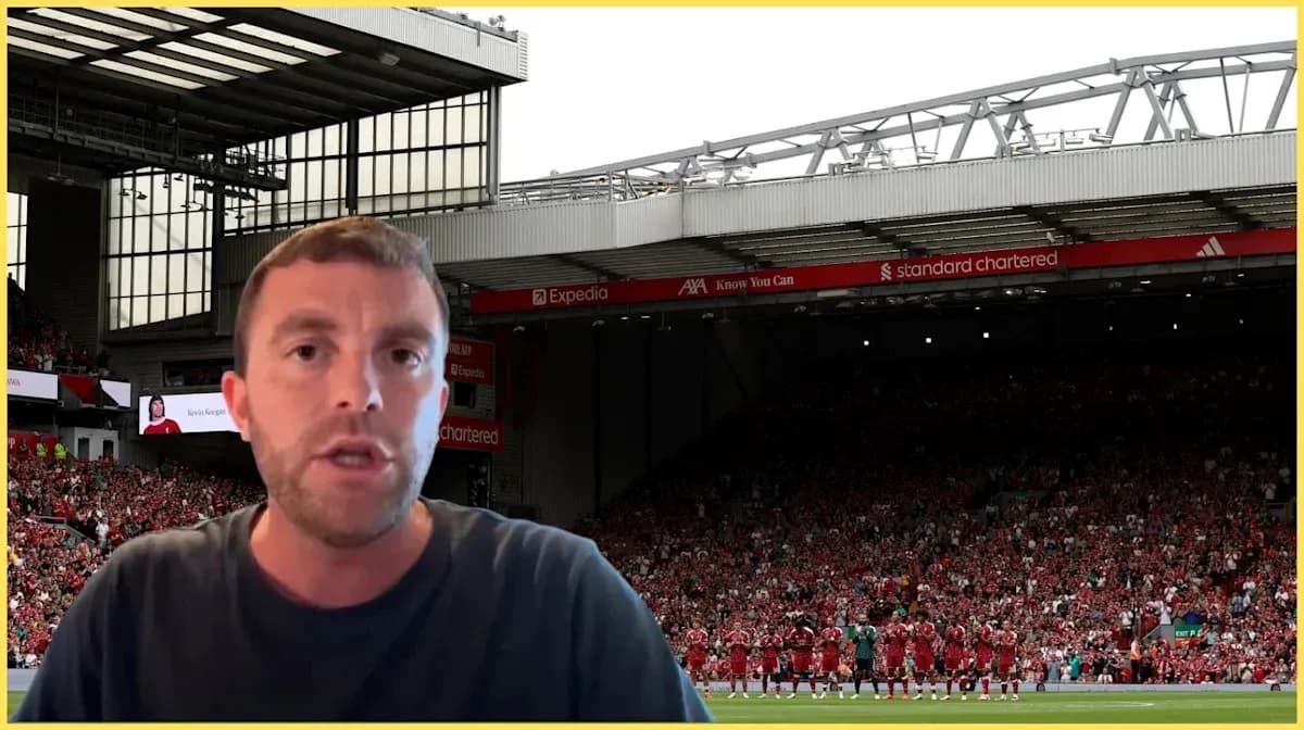 Analyst speaking in front of Liverpool stadium crowd Analyst speaking in front of Liverpool stadium crowd