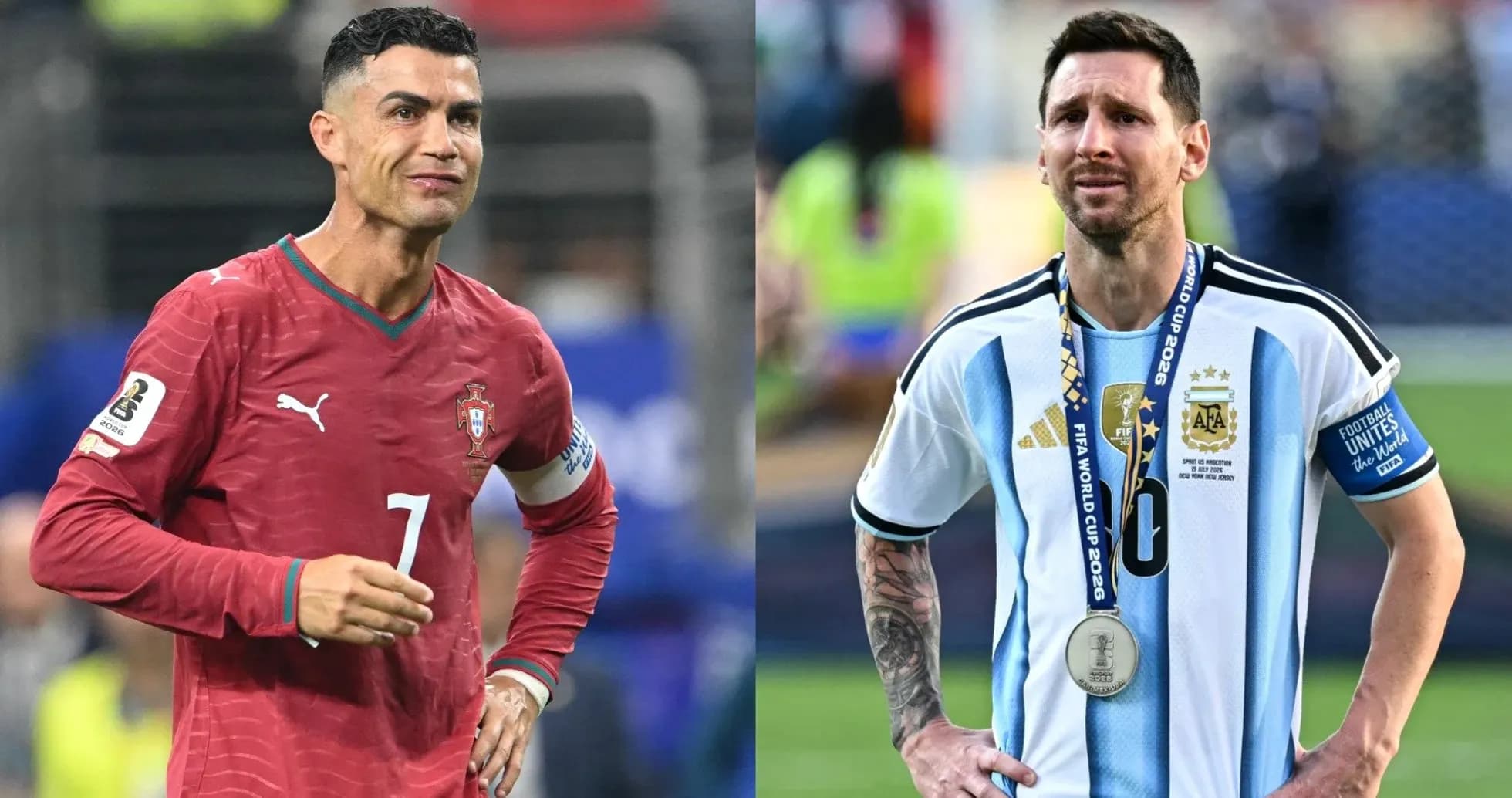 Cristiano Ronaldo and Lionel Messi in national team jerseys Cristiano Ronaldo and Lionel Messi in national team jerseys