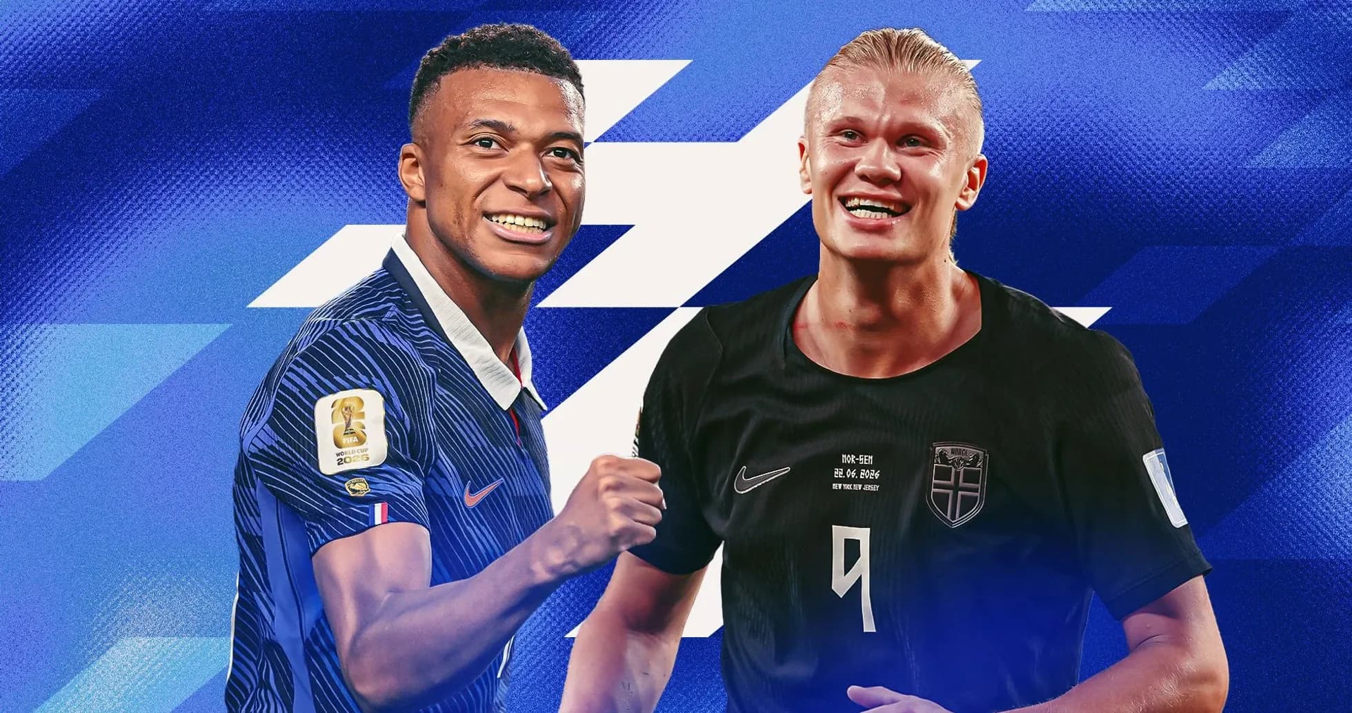 Mbappe and Haaland smiling against blue background Mbappe and Haaland smiling against blue background