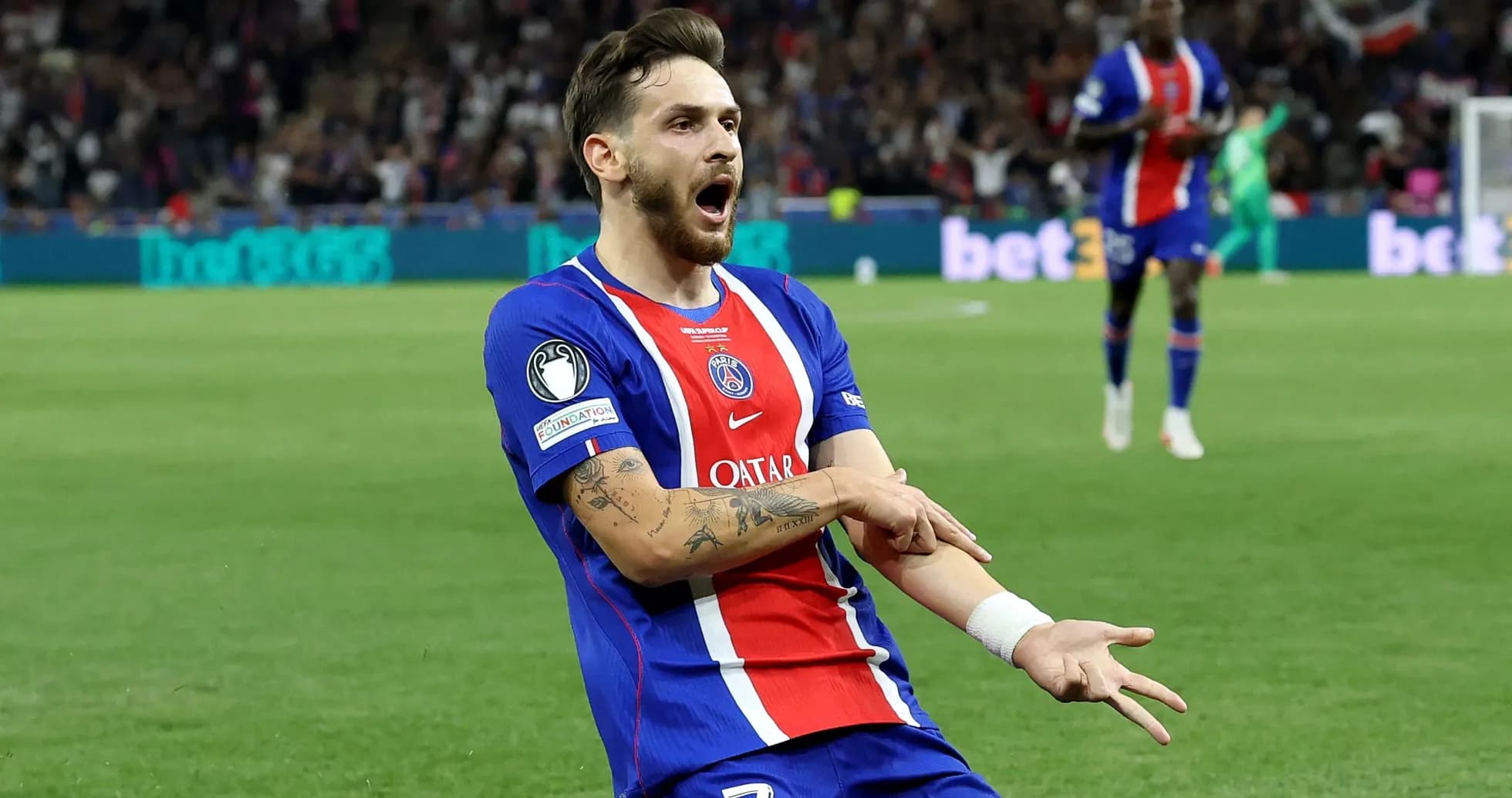 PSG player celebrating after scoring a goal PSG player celebrating after scoring a goal