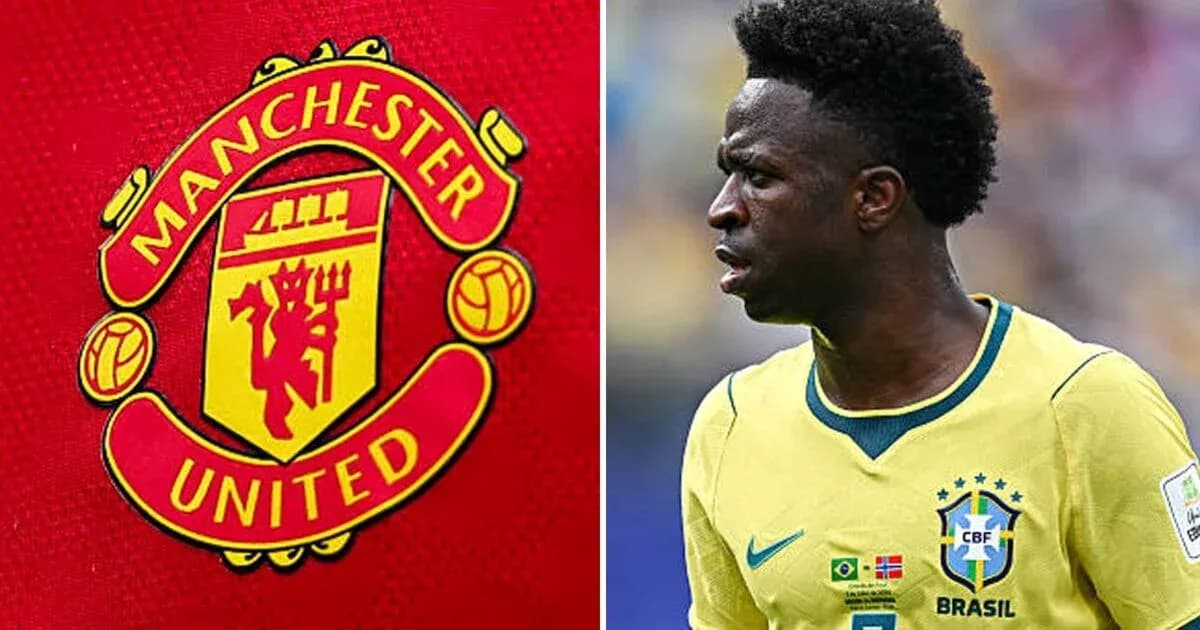 Manchester United logo and Vinicius Jr. during match Manchester United logo and Vinicius Jr. during match