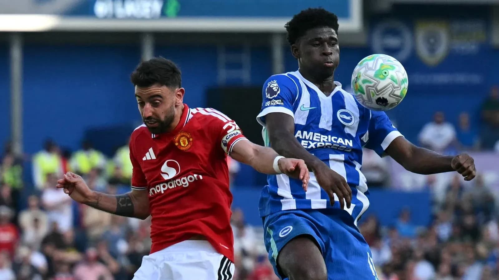 Bruno Fernandes and opponent competing for the ball Bruno Fernandes and opponent competing for the ball