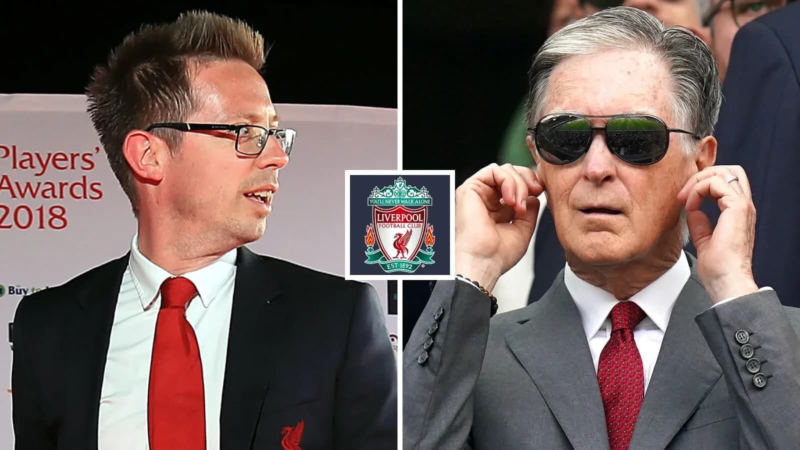 Two men at Liverpool FC event, one wearing glasses Two men at Liverpool FC event, one wearing glasses