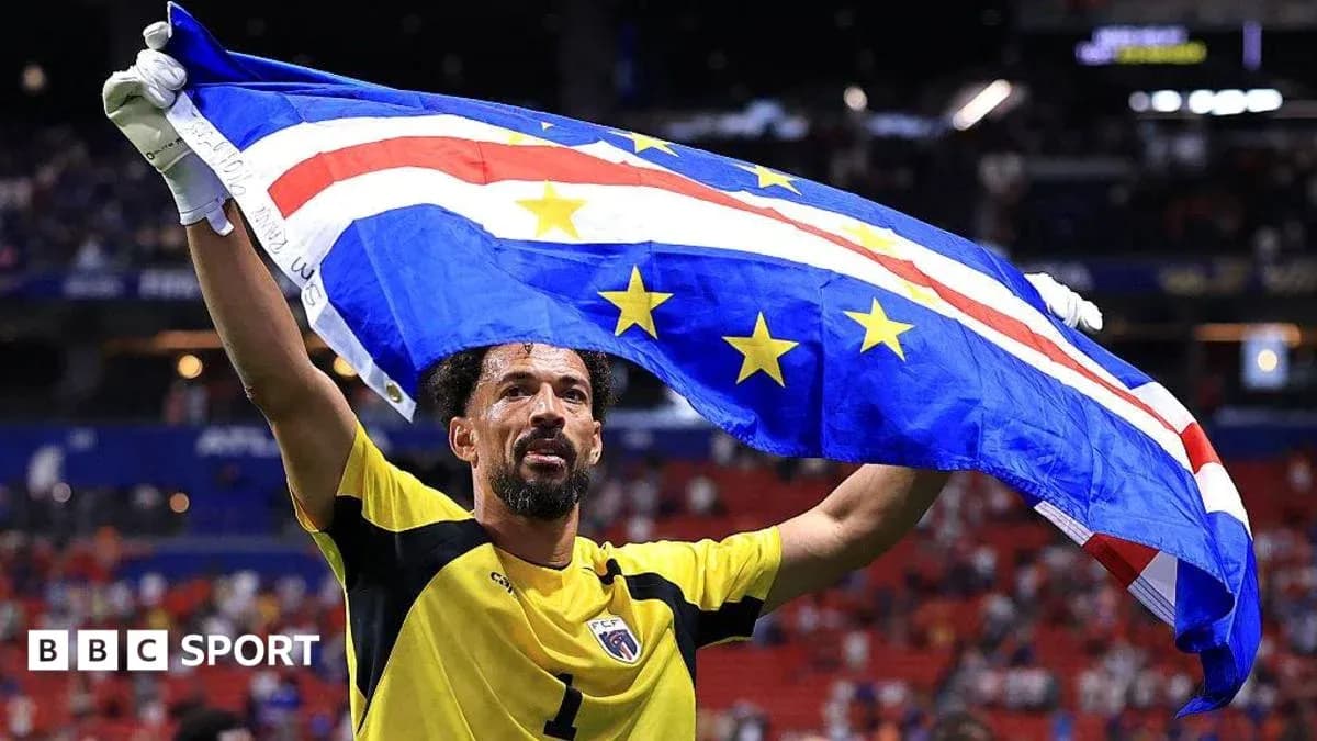 Goalkeeper celebrating with Cape Verde flag Goalkeeper celebrating with Cape Verde flag