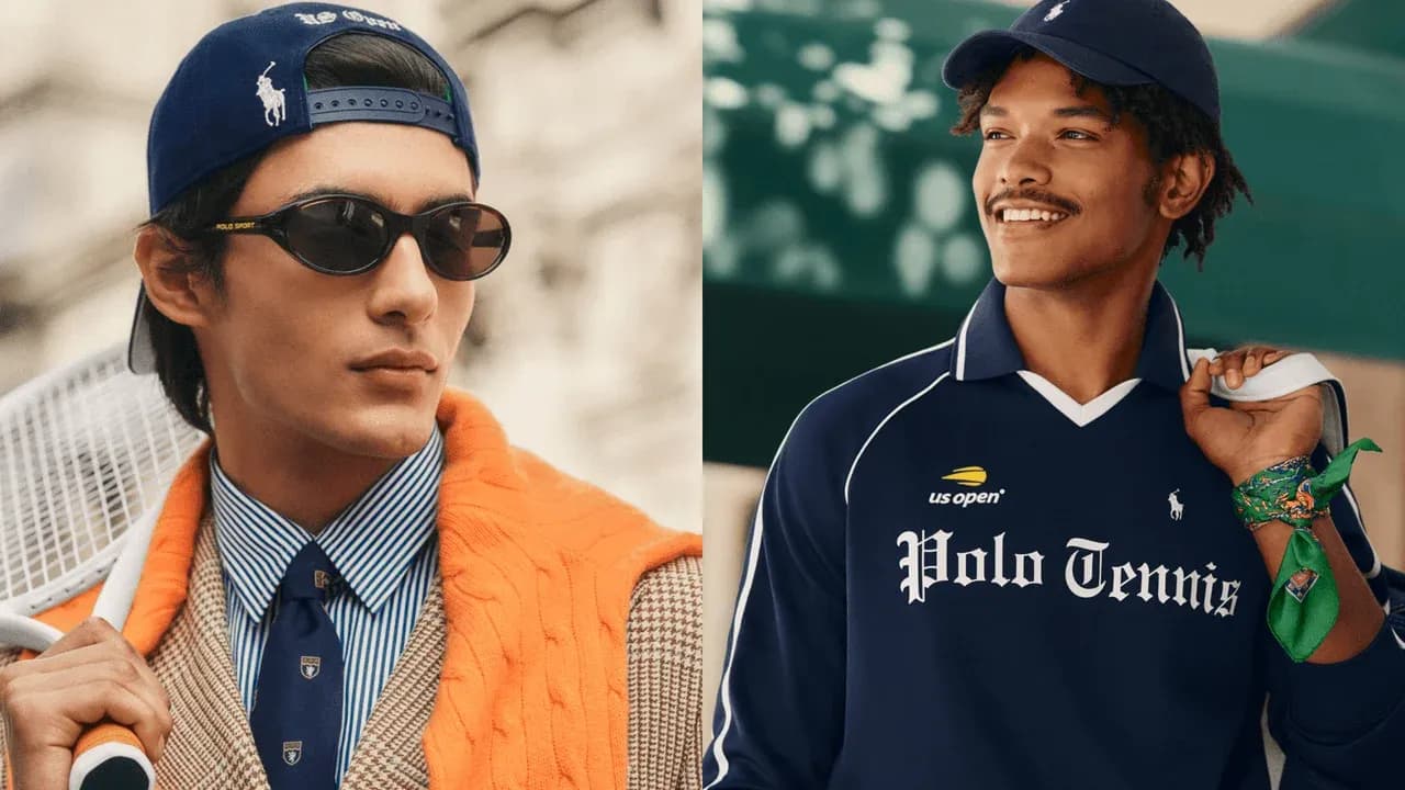 Two men in stylish tennis outfits posing outdoors Two men in stylish tennis outfits posing outdoors