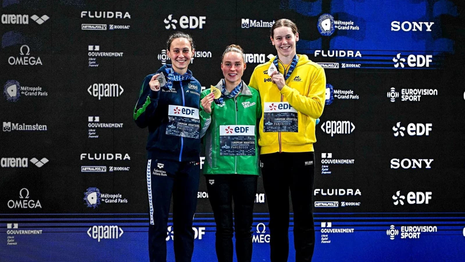 Three medalists posing at European Aquatics Championships Three medalists posing at European Aquatics Championships