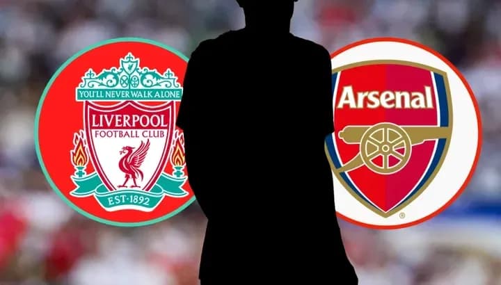 Liverpool and Arsenal logos with silhouette in foreground Liverpool and Arsenal logos with silhouette in foreground