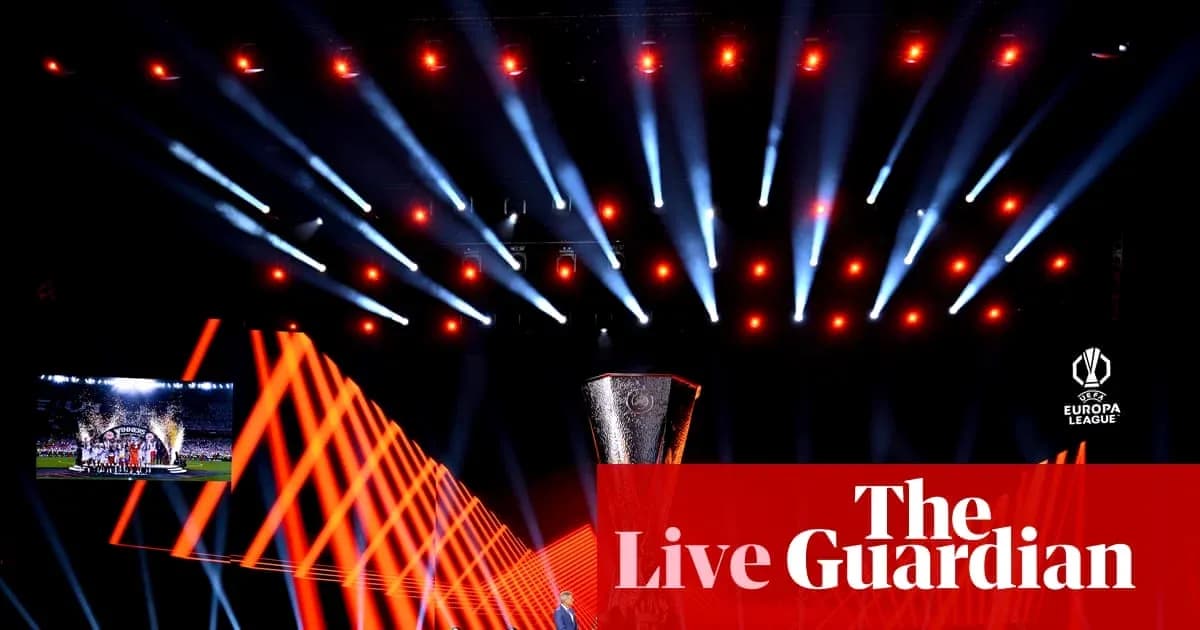 UEFA Europa League trophy on stage with lights UEFA Europa League trophy on stage with lights