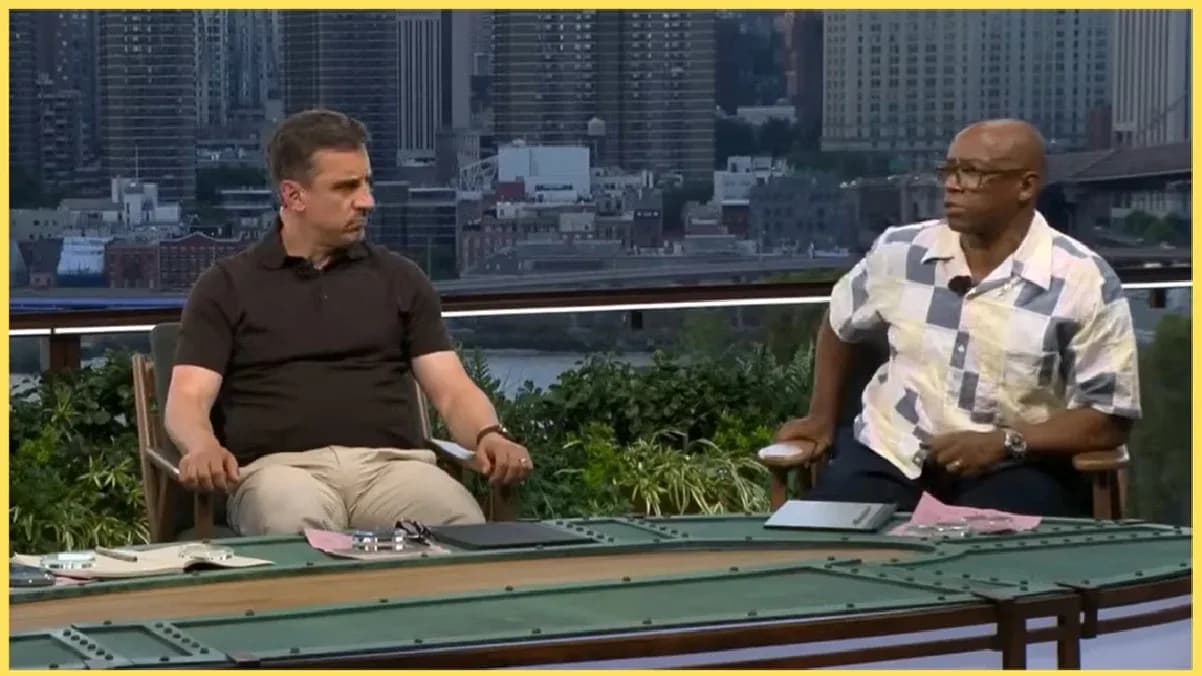 Analysts discussing sports during outdoor studio segment Analysts discussing sports during outdoor studio segment
