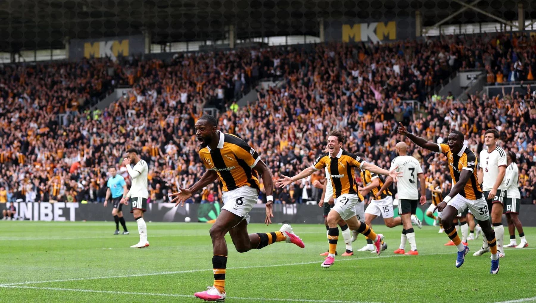 Hull City players celebrating a goal with fans Hull City players celebrating a goal with fans