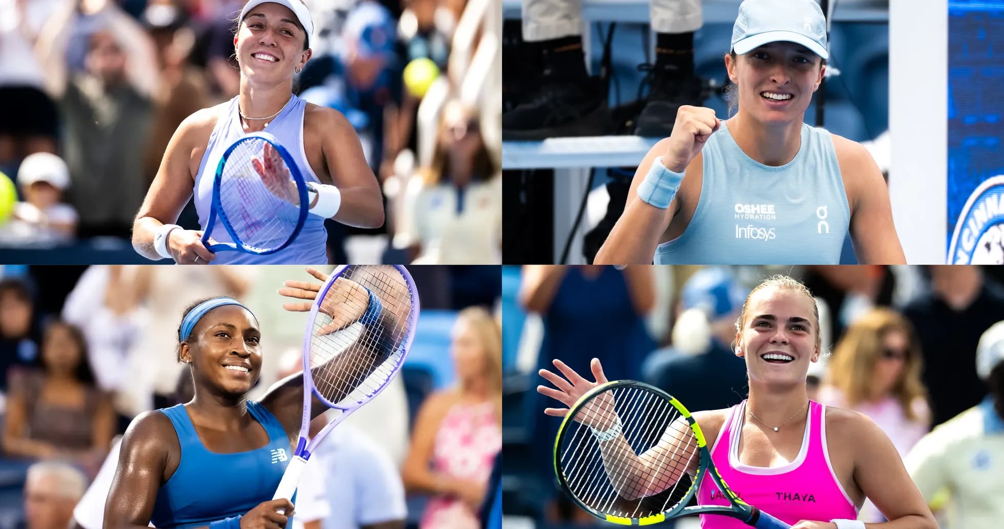 Tennis players celebrating after match victories Tennis players celebrating after match victories